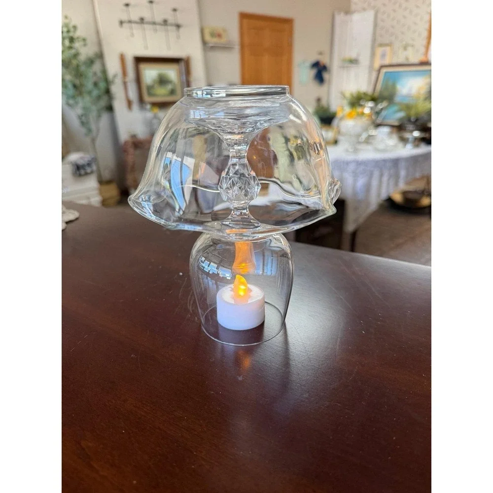 Glass Lamp made from Wine Glass and bowl. Cottagecore Home Decor